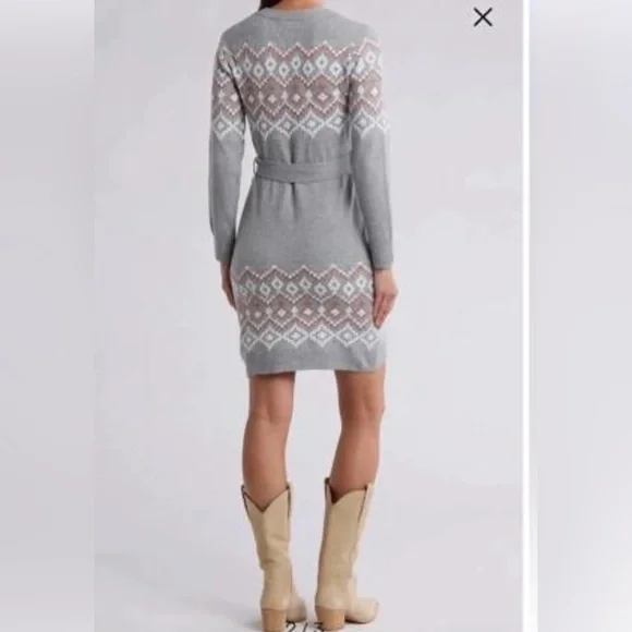 NWT Lucky Brand Gray Aztec Belted Long Sleeve Sweater Dress XL - Picture 10 of 10